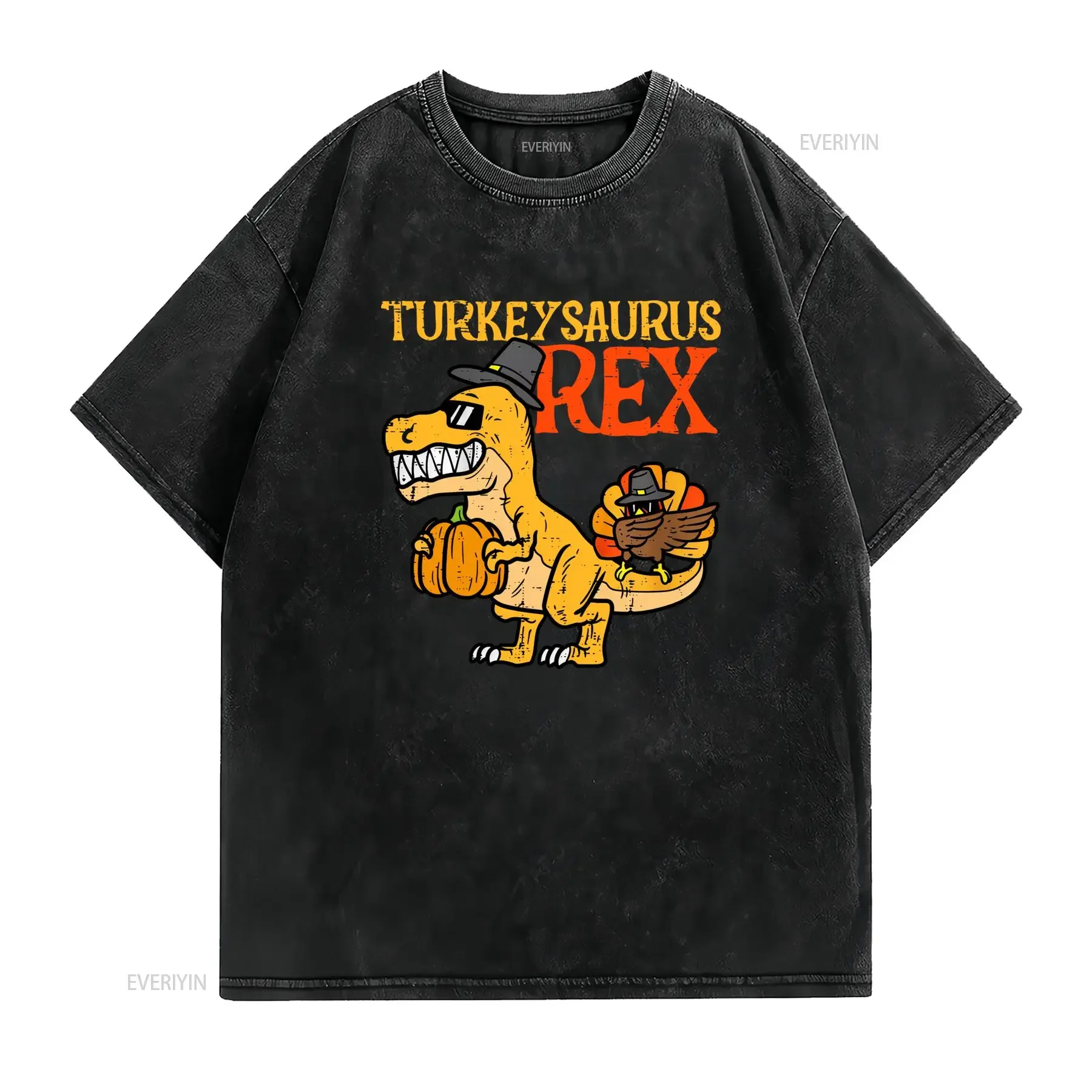 Funny Thanksgiving Turkeysaurus Rex Dinosaur Turkey Pumpkin Cartoon Print Casual T Shirt vintage Washed Soft Slightly Unisex
