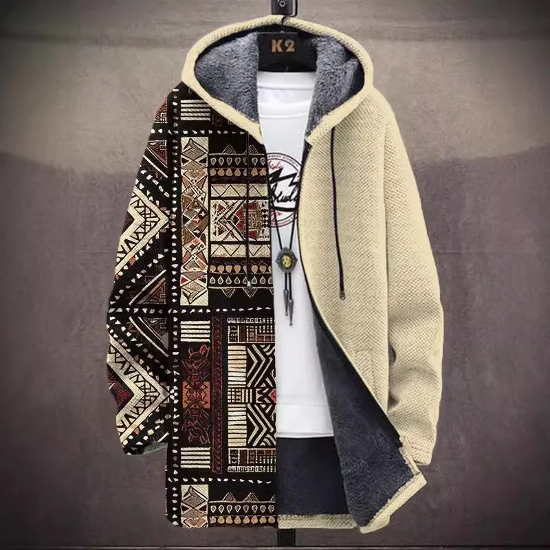 

Unisex Retro Ethnic Pattern Print Plush Thick Long-Sleeved Sweater Cardigan Coat