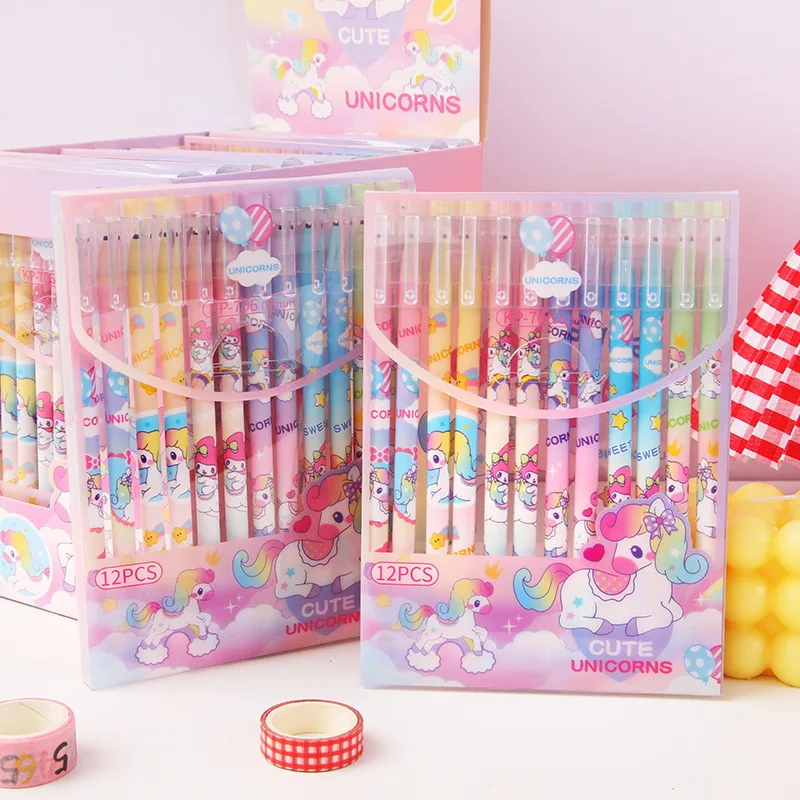 

12Pcs/Lot Cute Kawaii Unicorn Erasable Gel Pen Removable 0.5mm Black Ink Neutral Pen Cartoon Pens Kids School Office Stationery