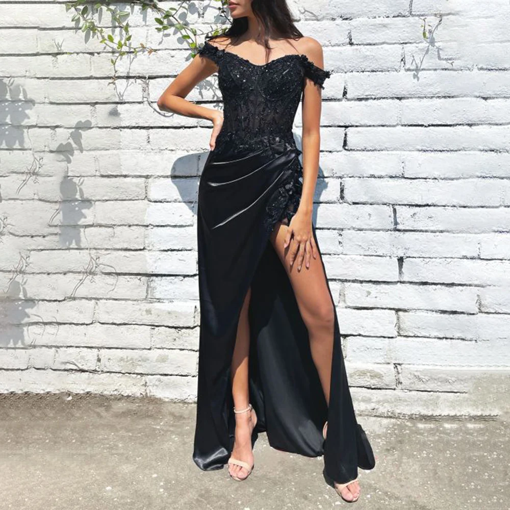 

Black Long Evening Dresses for Women Satin Off the Shoulder Floor-Length Prom Party Wedding Special Events Ceremony Dress 2024