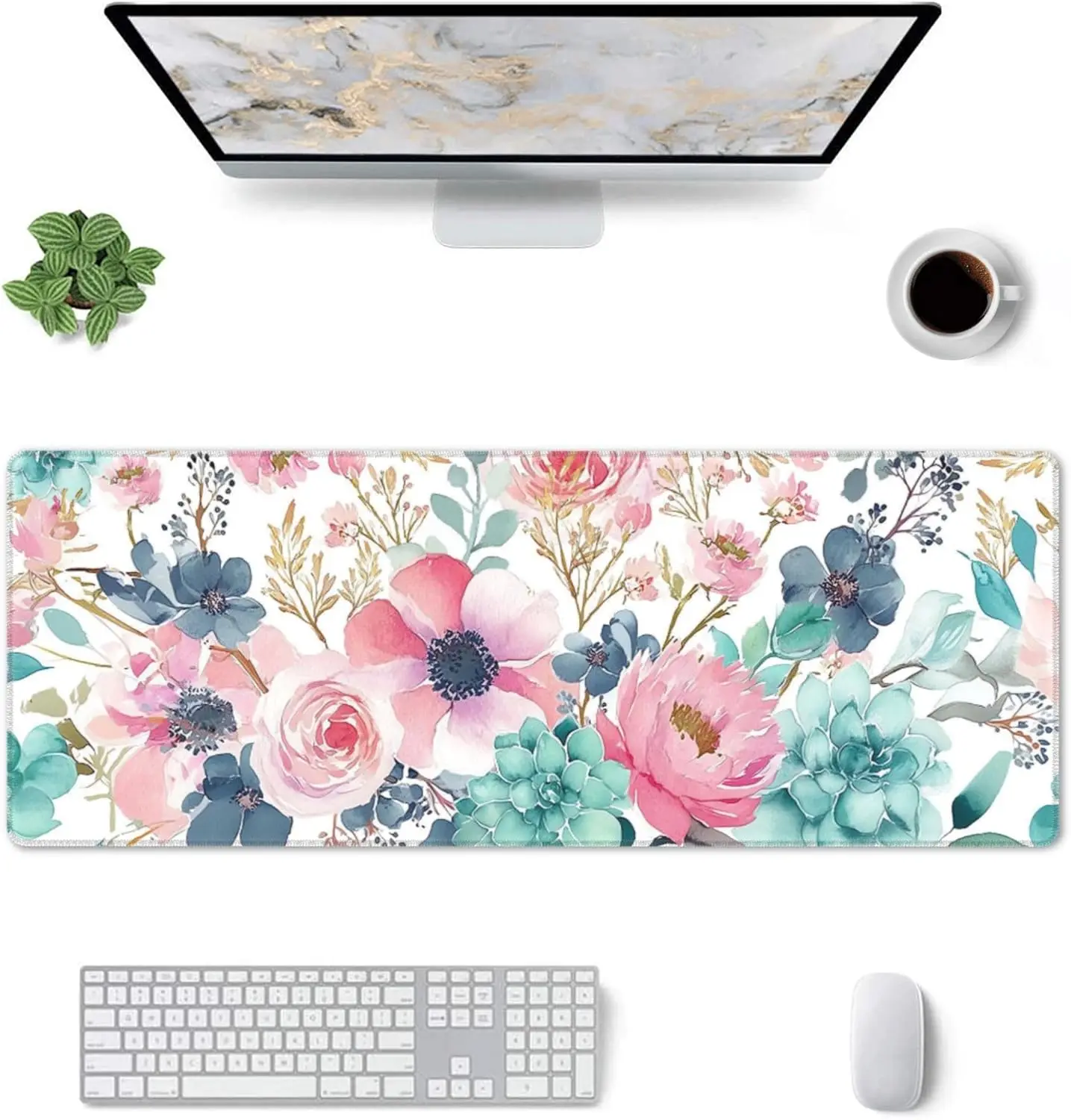 Flower-Themed Extended Gaming Mouse Pad – XL Large Desk Mat with Stitched Edges for Gamers and Home Office
