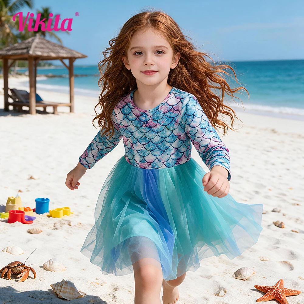 VIKITA Girls Long Sleeve Mermaid Scale Polyester Mesh Tulle Dress Kids Party Beach Vacation Daily Gradient Colorful Costumes
