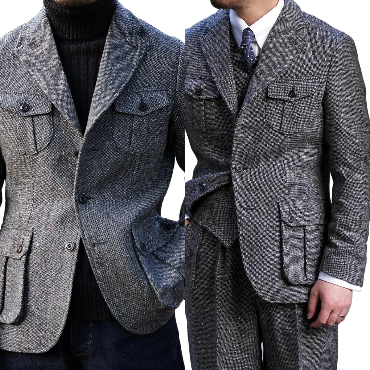 Classic Speckled Men Blazer Notched Lapel Three Button Relaxed Fit Outdoor Wear 1 Piece Customized  Formal Business Suit Jacket