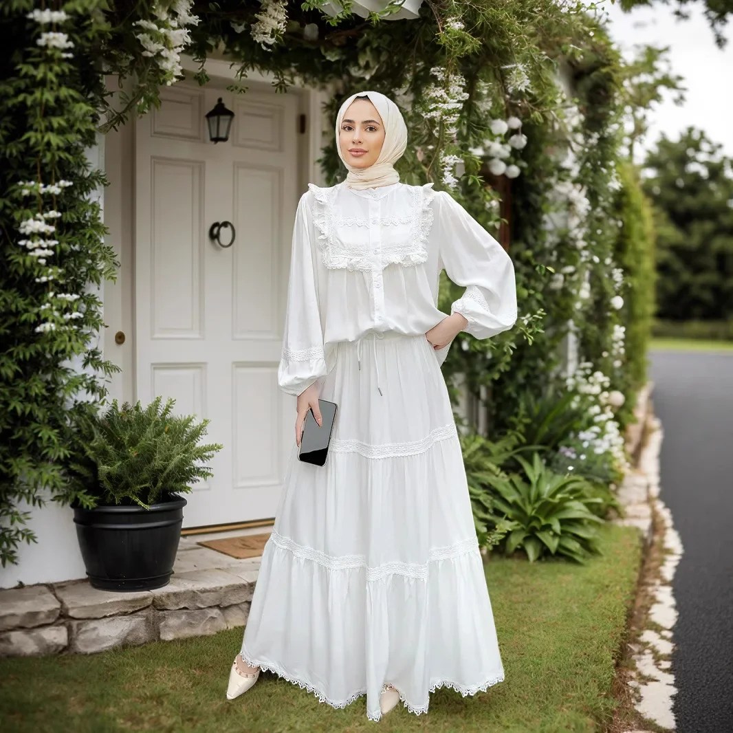 

Muslim Women Hollow Out Lace Shirt and Skirt Two Piece Dress Tops Suit Dubai Abaya Arab Femme Musulmane Ensembles Islam Clothing