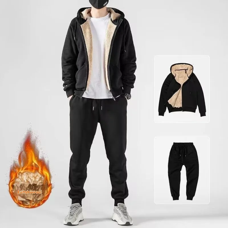 Mens Lamb Fleece Sports Autumn Winter Thick Cardigan Hooded Sweatshirt Sweatpants Outdoor Casual Tracksuit Set Men's tracksuit