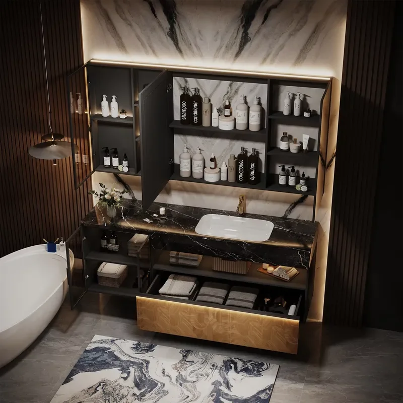 Modern Italian Minimalist Aesthetics,Solid Wood Cabinet Matched with Ceramic Basin, Smart Mirror / Mirror Cabinet