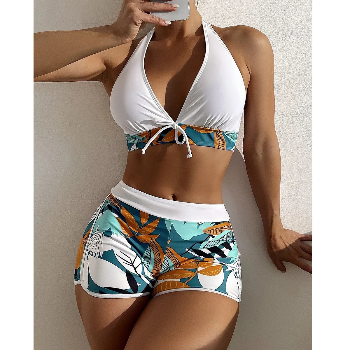 

2026 Summer Women's Print Patchwork Swimsuit Sexy Deep V Neck Back Lace-up Swimwear High Waist Shorts Tankini Bathing Suit Beach