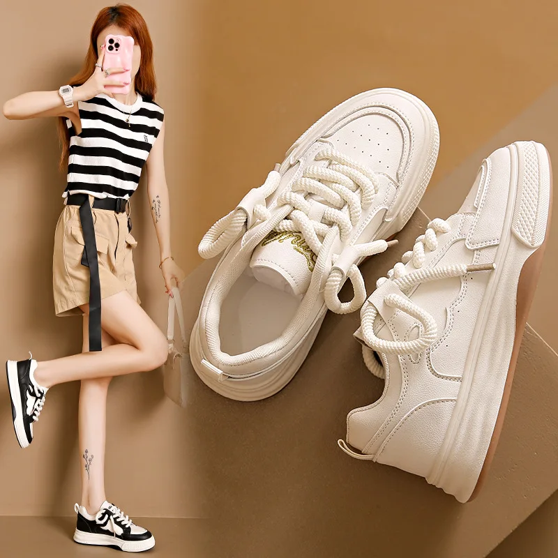 New Lace-up White Shoes Women\'s Casual Flat-bottomed Skateboard Shoes Students\' All-match Sports Breathable Women\'s Sneakers