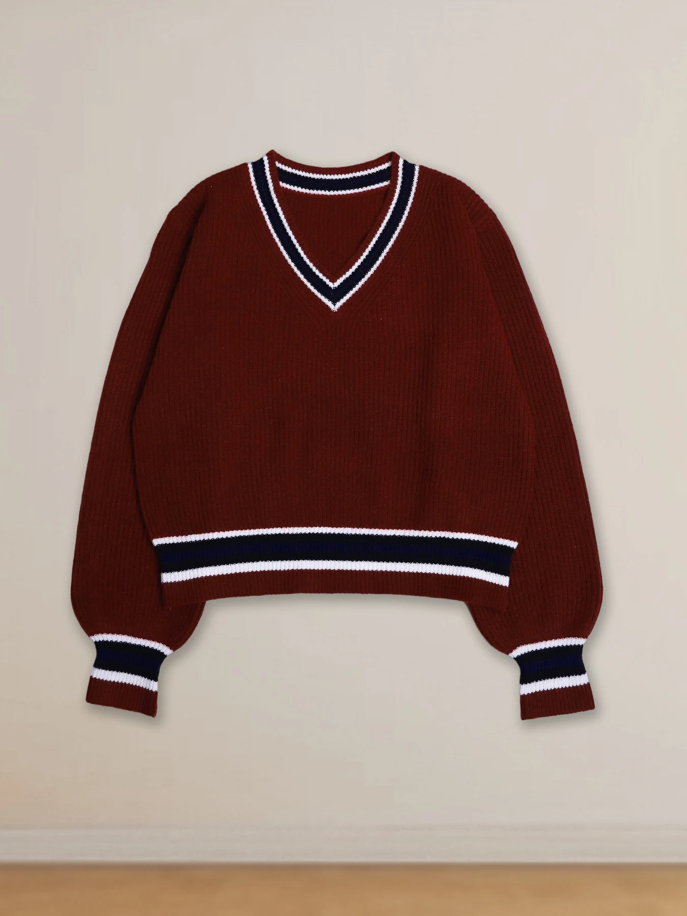 Women's Burgundy Striped Trim Knit Sweater V-Neck Puff Sleeve Cropped Preppy Top for Casual Wear
