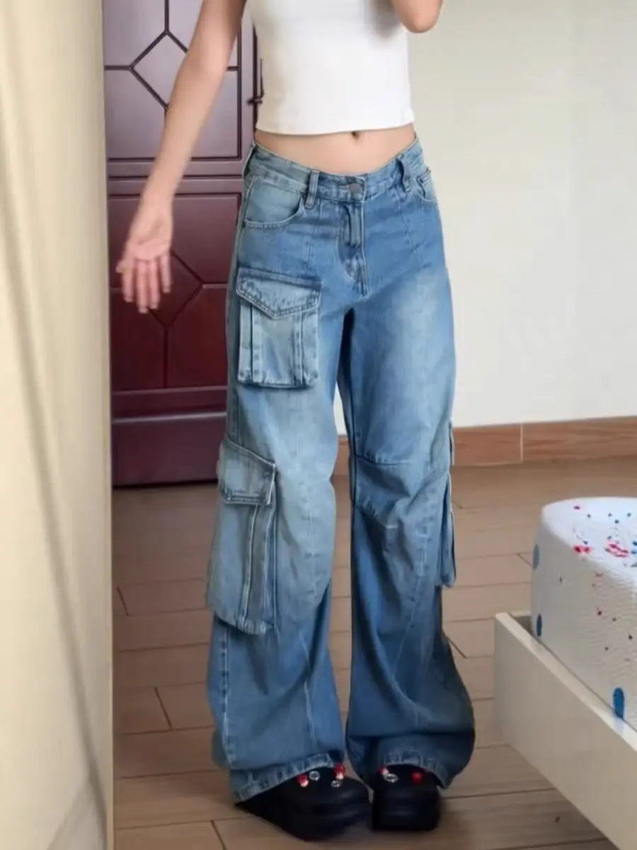 

Women's Blue Cargo Baggy Jeans Y2K Japanese Harajuku High Street 90s Aesthetic 2000s Style Wide Leg Jeans Pants Clothing 2025