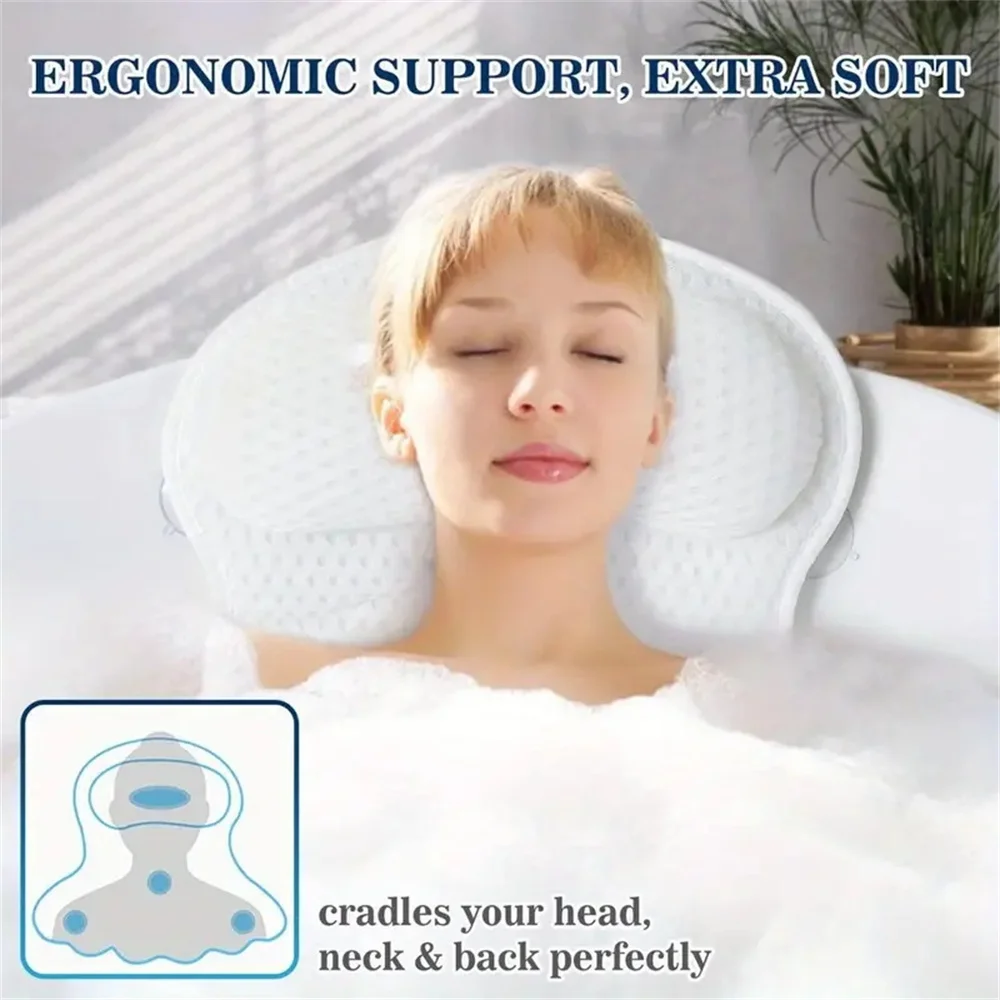 Bath Pillow Bathtub Pillow 4D Mesh Fabric&Non-Slip Suction Cups For Neck&Back Support with Strong Suction Cups Spa Bath Pillow