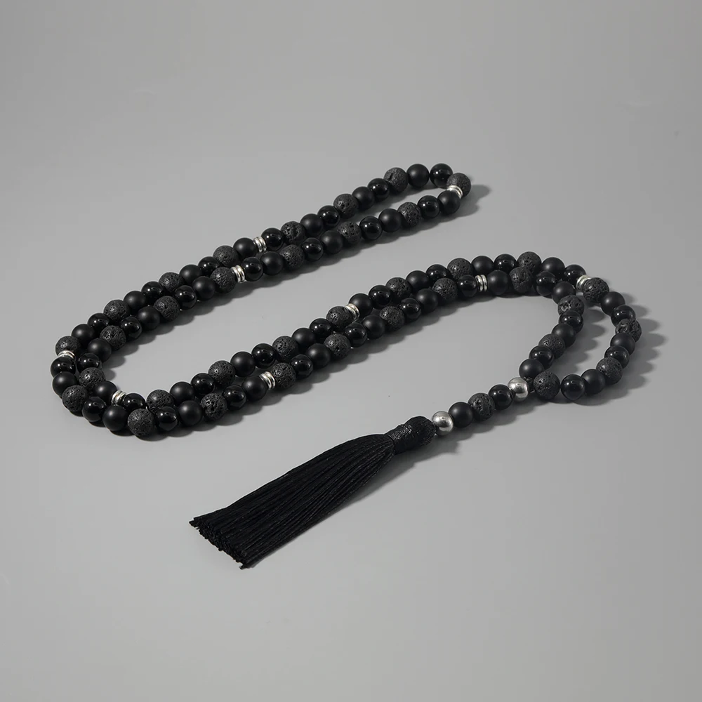 OAIITE 8mm Japamala Volcanic Stone Black Agate 108Mala Necklace Women Men Prayer Meditate Yoga Necklace Fashion Jewelry