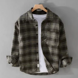 2024 Autumn/Winter New Men's Woolen Long Sleeve Shirt Thickened Warm High Quality Fashion Casual Shirt Checkered Pattern