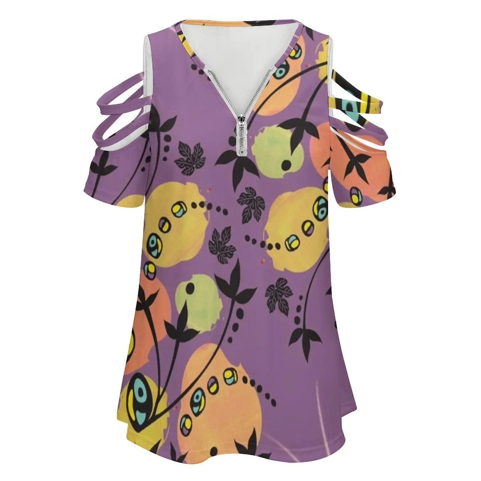 Orange Blob Plant With Purple Background A-Line Dress Women's T-Shirt New Fashion Printed Zipper V-Neck Short Sleeve T Shirts