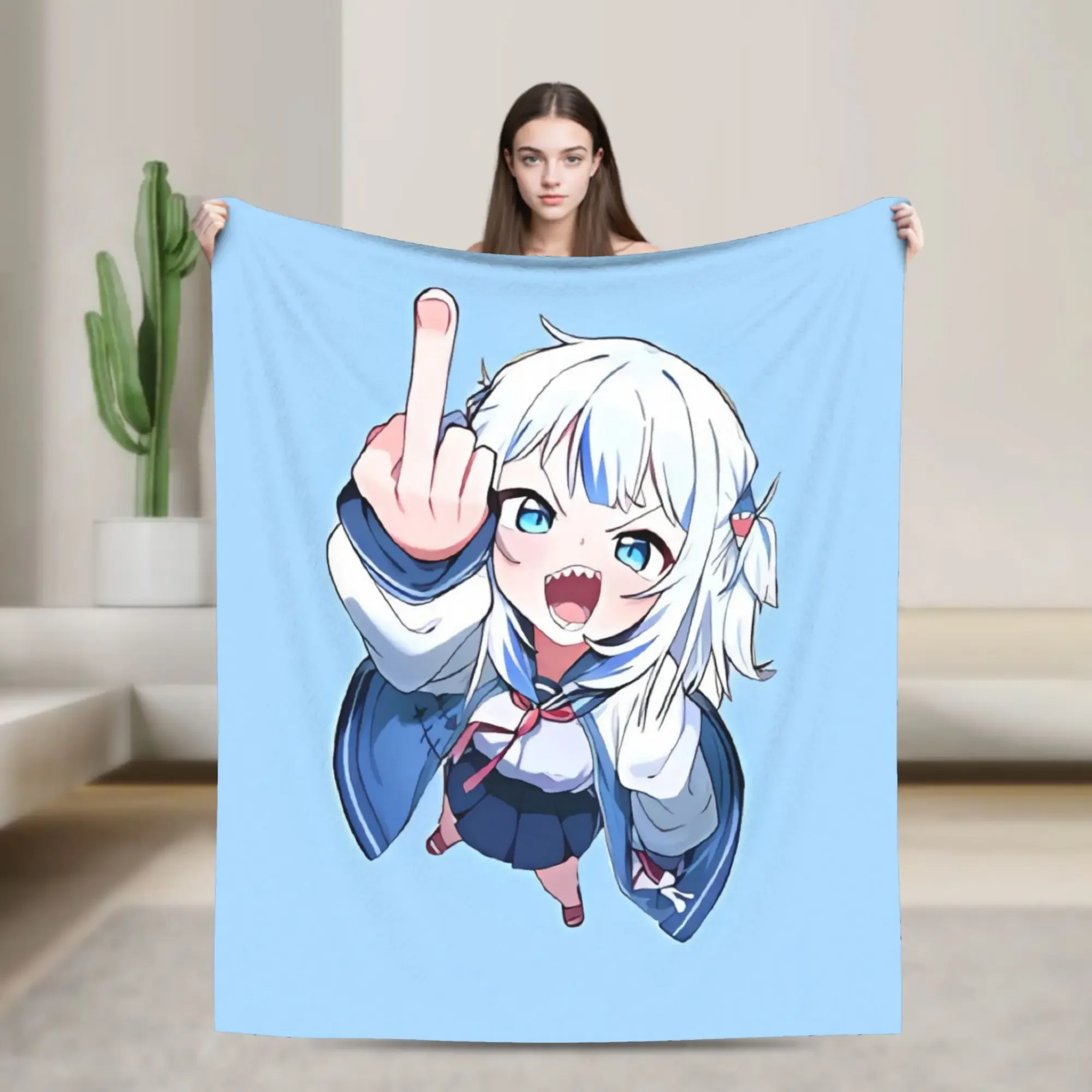 Cute Anime Girl Finger Up Hand Gesture Throw Blanket Cozy Plush Decor Gift for Kawaii Fan