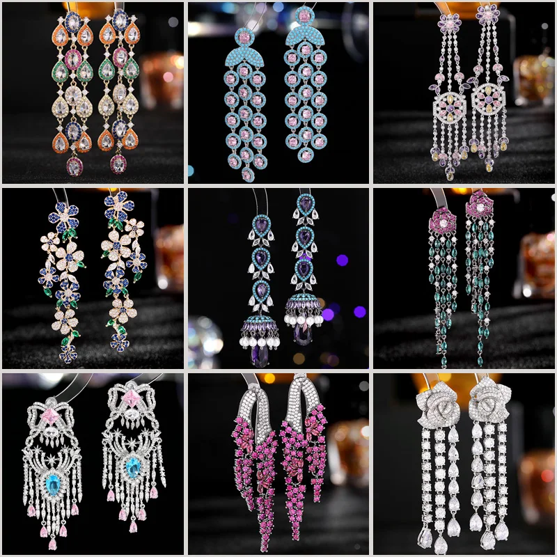 

European Luxury Colored Zirconium Flower long Tassel Drop Earrings for Women Wedding 925 Silver Needle Temperament Earrings