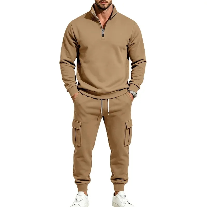 Men's Fall-Winter Two-Piece Outfit - 1/4 Zipper Stand Collar, Fleece-Lined, Warm Sports Suit, Long-Sleeved Top, Casual Pants