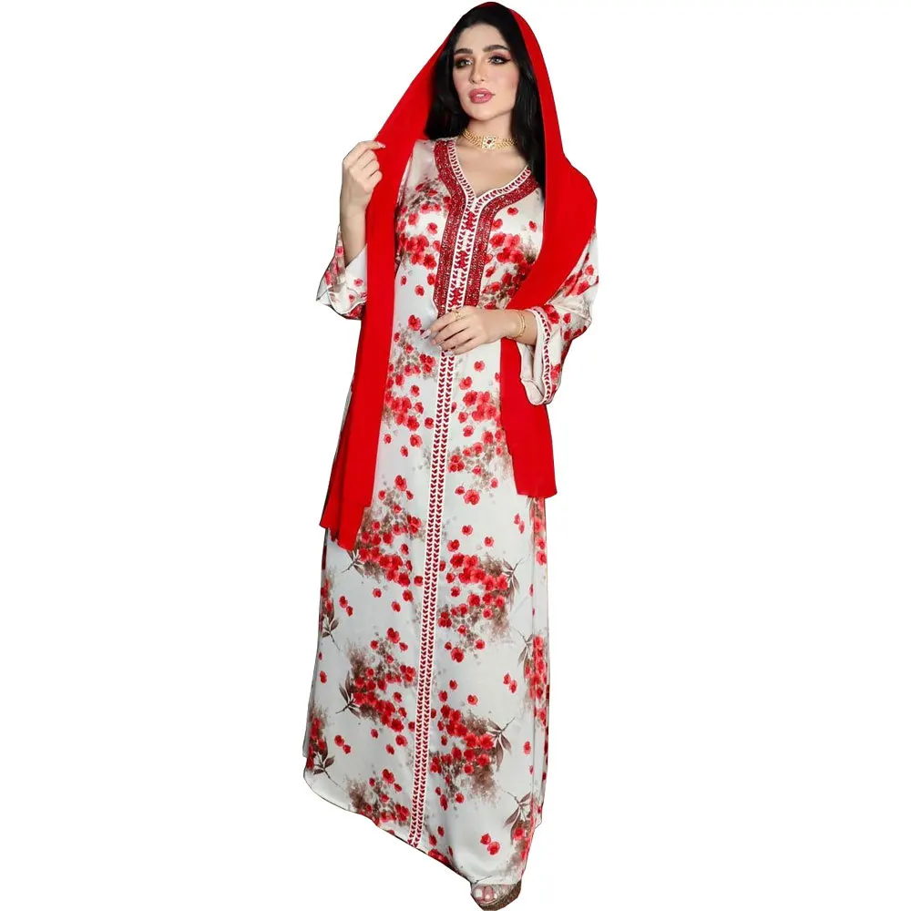 2022 spring Floral Print Muslim Abaya Dress Women diamond Dubai Arab Turkey Morocco Kaftan Islamic Clothing Gown Robe Vestido