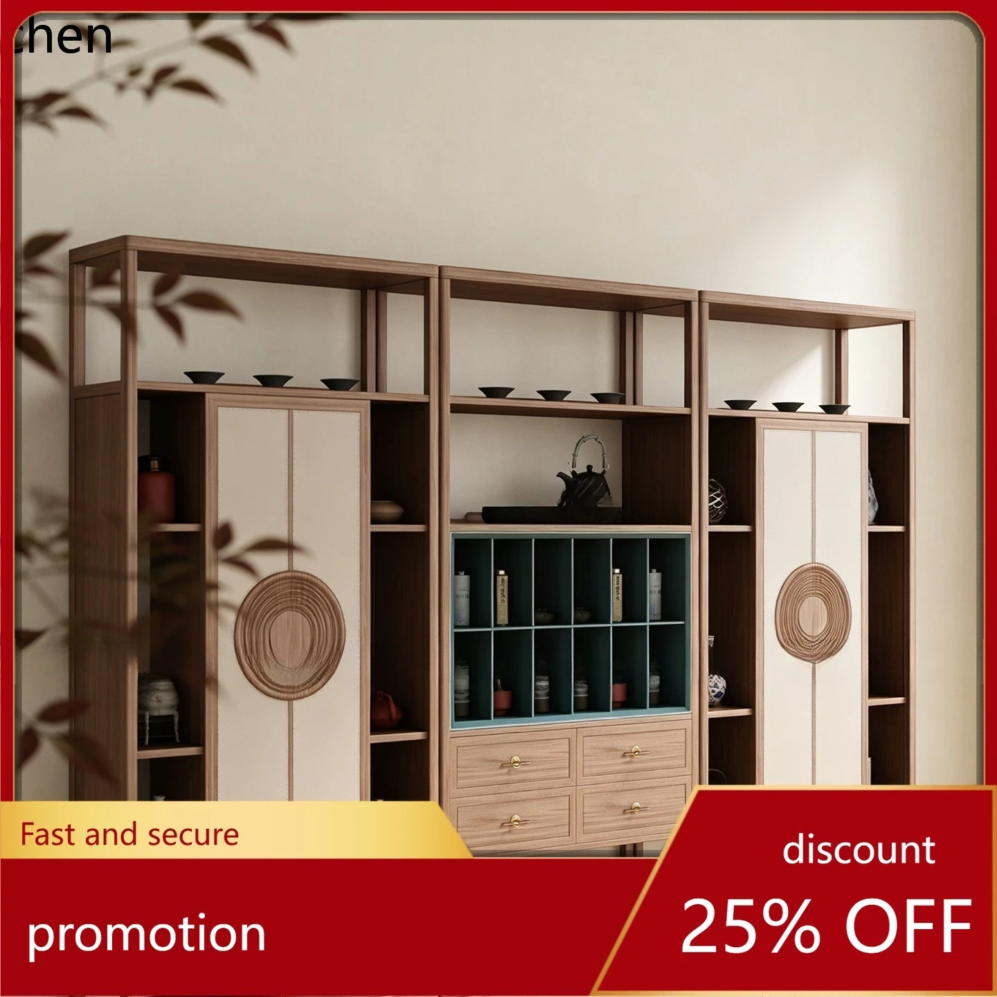 CZ Black Walnut Wood Display Cabinet, Solid Wood Showcase, Multi-Treasure Cabinet, Tea Cabinet
