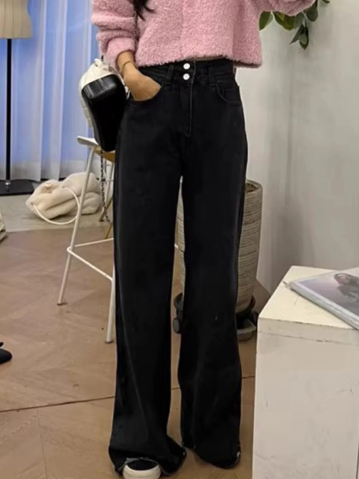 

Шикарные широкие джинсы с высокой талией, прямые брюки Bootcut с потертым подолом для женщин, осенние повседневные джинсы больших размеров