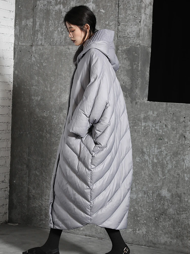 EAM Caramel Big Size Bat-shaped Thick Down Jacket New Hooded Long Sleeve Warm Women Parkas Fashion Autumn Winter 2026 30A5268