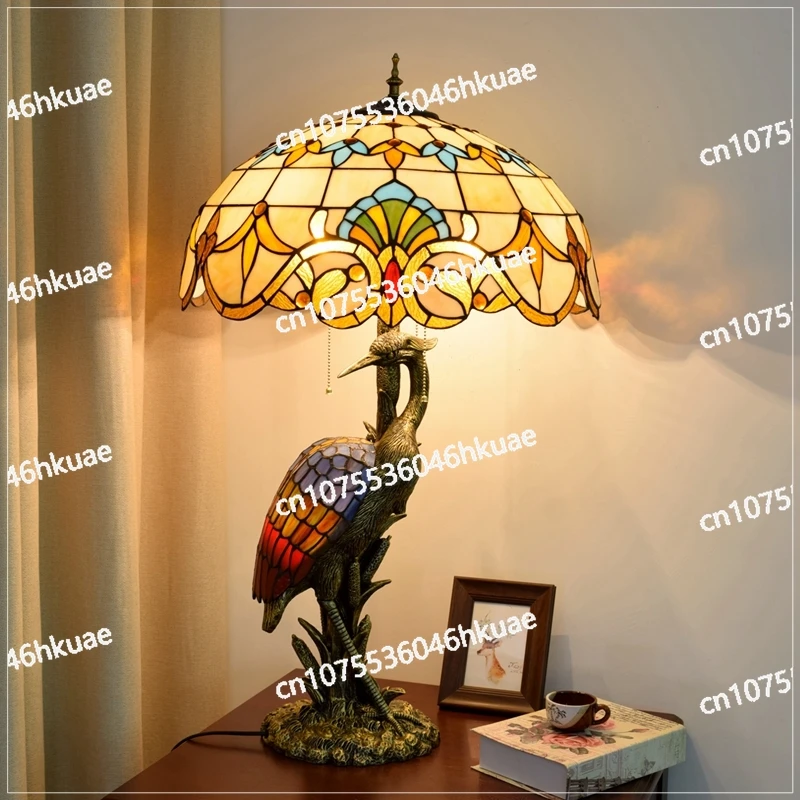 Tiffany Church Glass Table Lamp 50cm – European Baroque Retro Crane Art Decor Lamp for Living Room