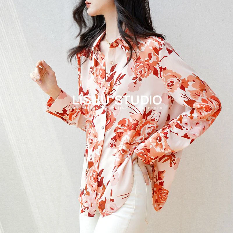 Women Korean Fashion Floral Print Minimalist Shirts Elegant Chic Lapel Commute Blouses Casual Long Sleeve Loose Tunic Tops Blusa