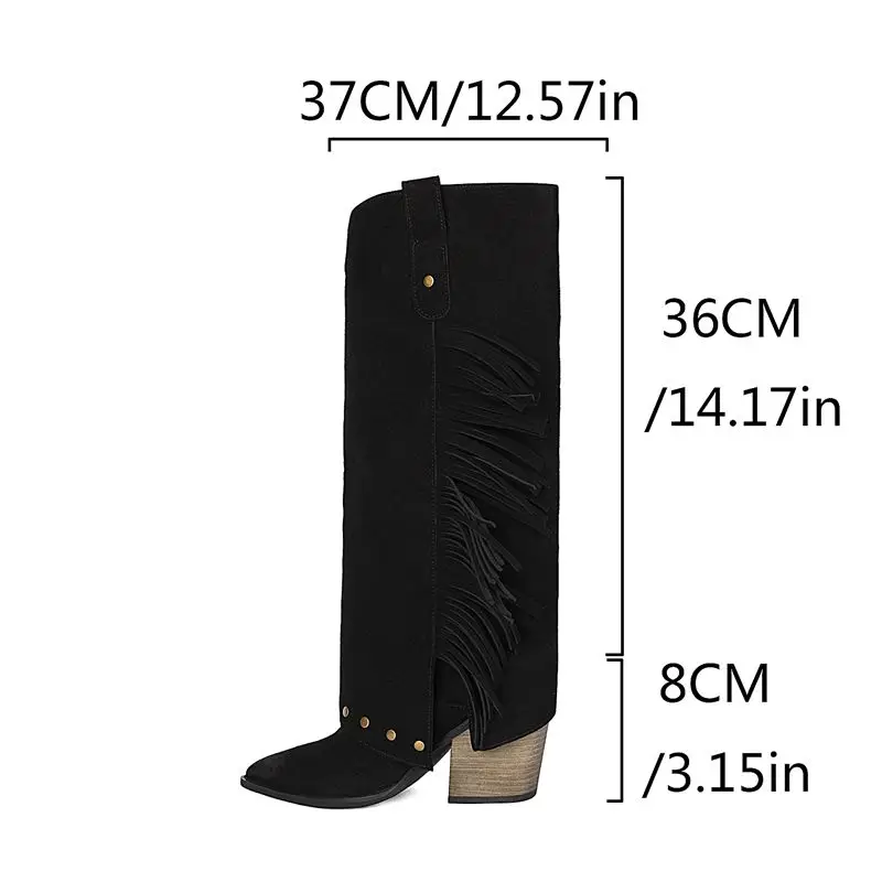 SIMLOVEYO Yellow Women Knee High Boots Pointed Toe Slip On 8cm Block Heel Rivets Fringe Plus Size 41 42 43 Handmade Botas Shoes