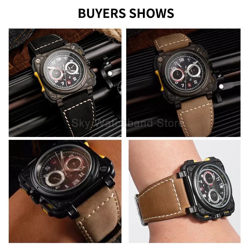 24 مللي متر نوعية ممتازة جلد البقر حزام الساعات ل بيل و روس بيل روس BR01 BR03 الرجال جلد طبيعي ساعة اكسسوارات #3