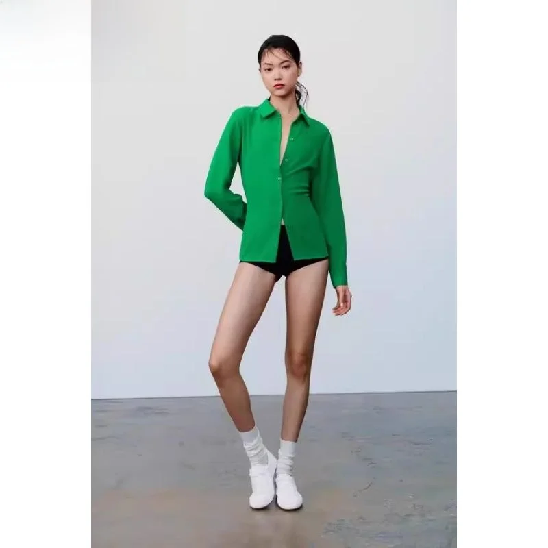 Été 2024 femmes banlieue polyvalent longue Sve plissé soie irt col montant ourlet fendu coupe ample longueur régulière couleur Pure