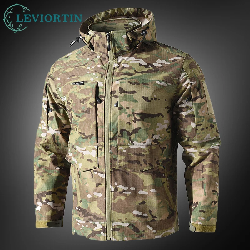 Men's Camo Tactical Jacket Spring Fall Outdoor Windbreaker with Detachable Hood Multi-Pocket Wear Resistant Coat Hiking Training