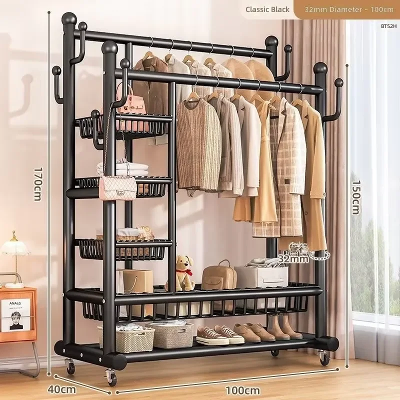Large capacity double track hanger with hooks and baskets for bedrooms, living rooms and entrances