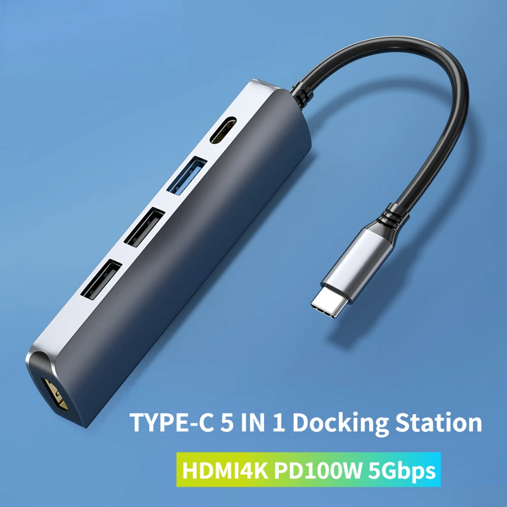 5 IN 1 Type-C Hub Hdmi Docking Station Converter Typec Tesla Docking Station USB HDMI 4K@30Hz 3 USB Ports PD100W 5Gbps