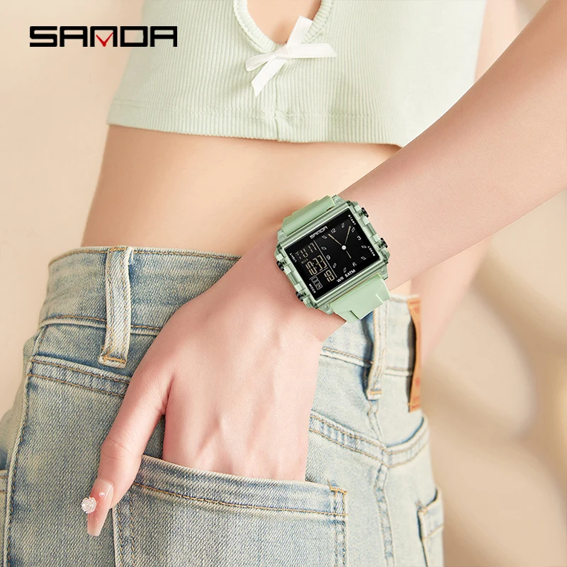 SANDA 6273 남성용 전자 시계 스퀘어 투명 케이스 알람 시계 다기능 방수 스포츠 학생 디지털 시계