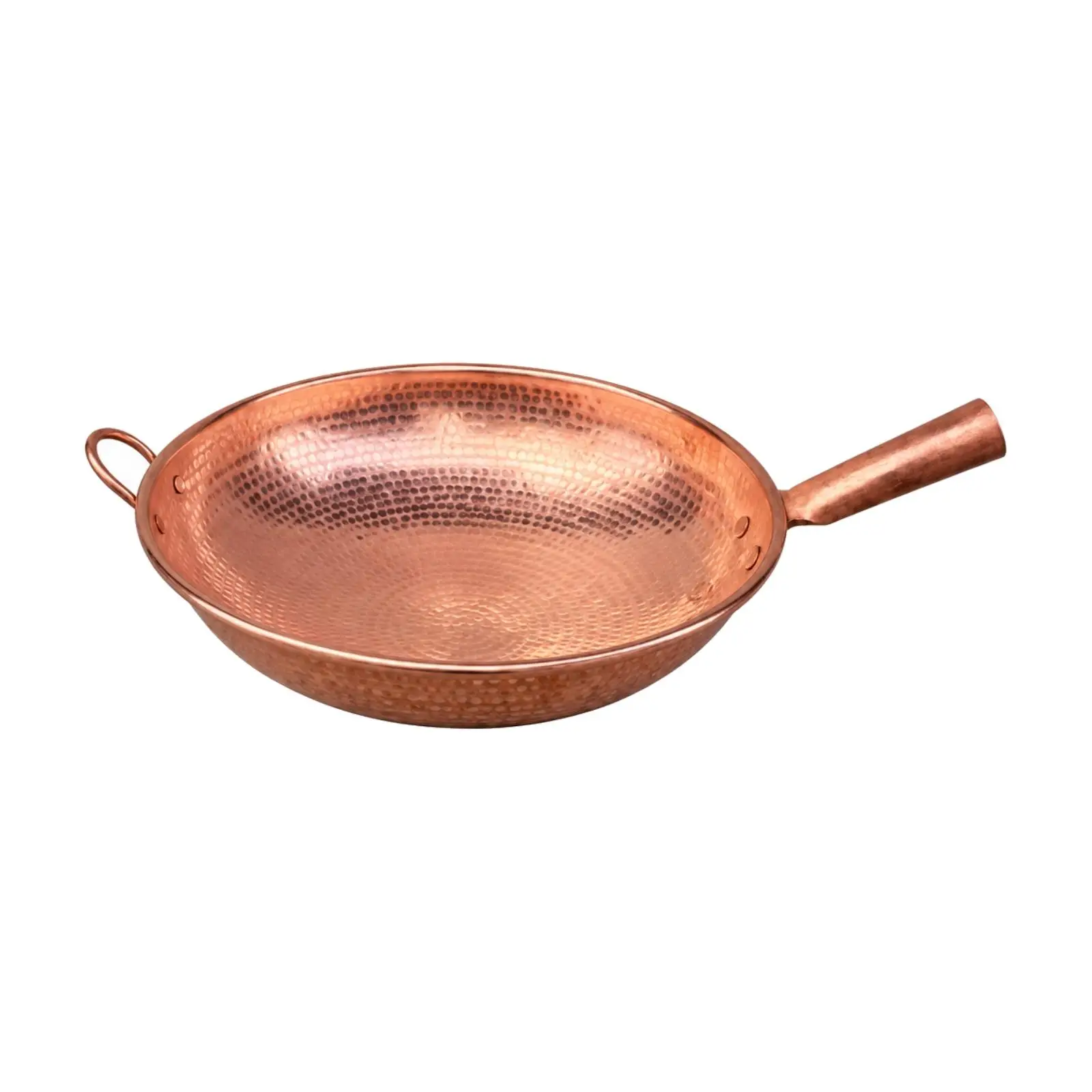 Artisan Copper Cooking Pan Hammered Texture Deep Wok with Side Loop Handle for Gas Stove Daily Kitchen Use