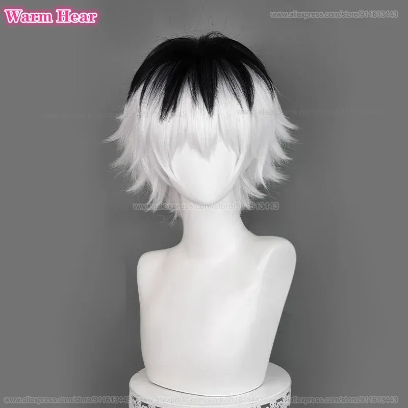 2024 사사키 하이세 합성 가발 애니메이션 숏 30cm 유니섹스 블랙 화이트 믹스 코스프레 가발 내열 헤어 파티 가발 + 가발 캡