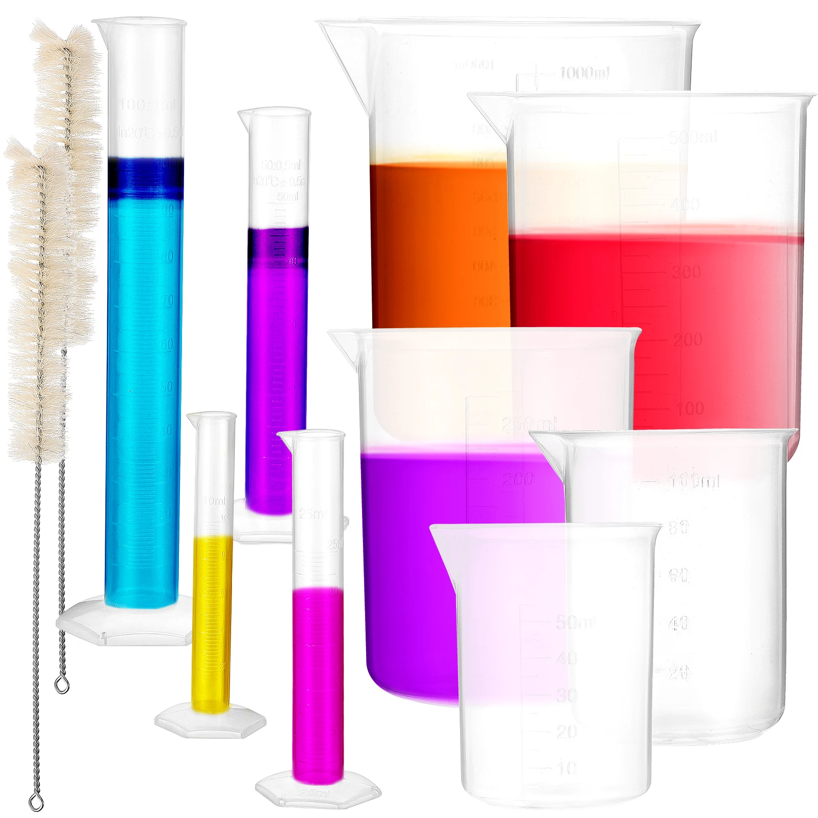 

13pcs 4 Cylinders 10-100ml 5 Beakers 50-1000ml 4 Brushes Experiment Lab Set Measuring Tools Plastic Cylinders Beakers Kit
