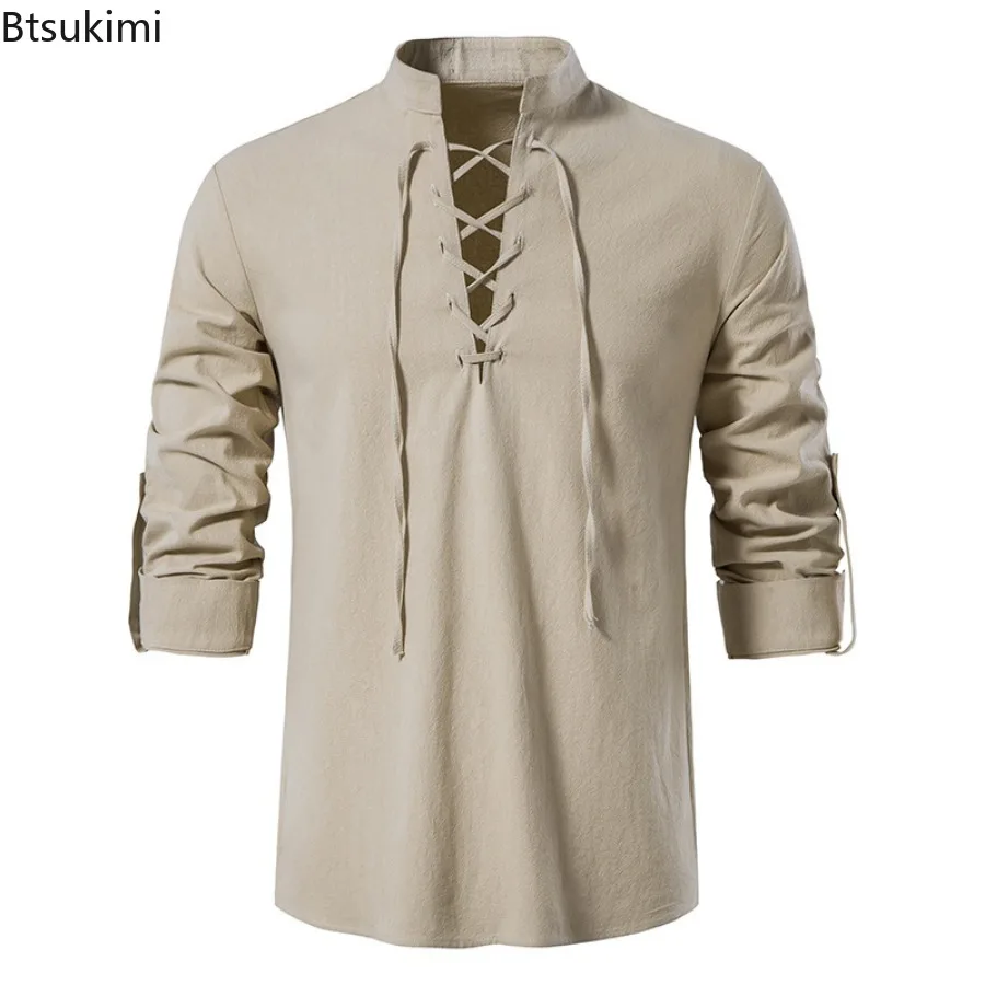 New 2024 Men's V-neck Shirt T-shirt Fashion Vintage Thin Long Sleeve Top Men Casual Breathable Viking Front Lace Up Man Shirts