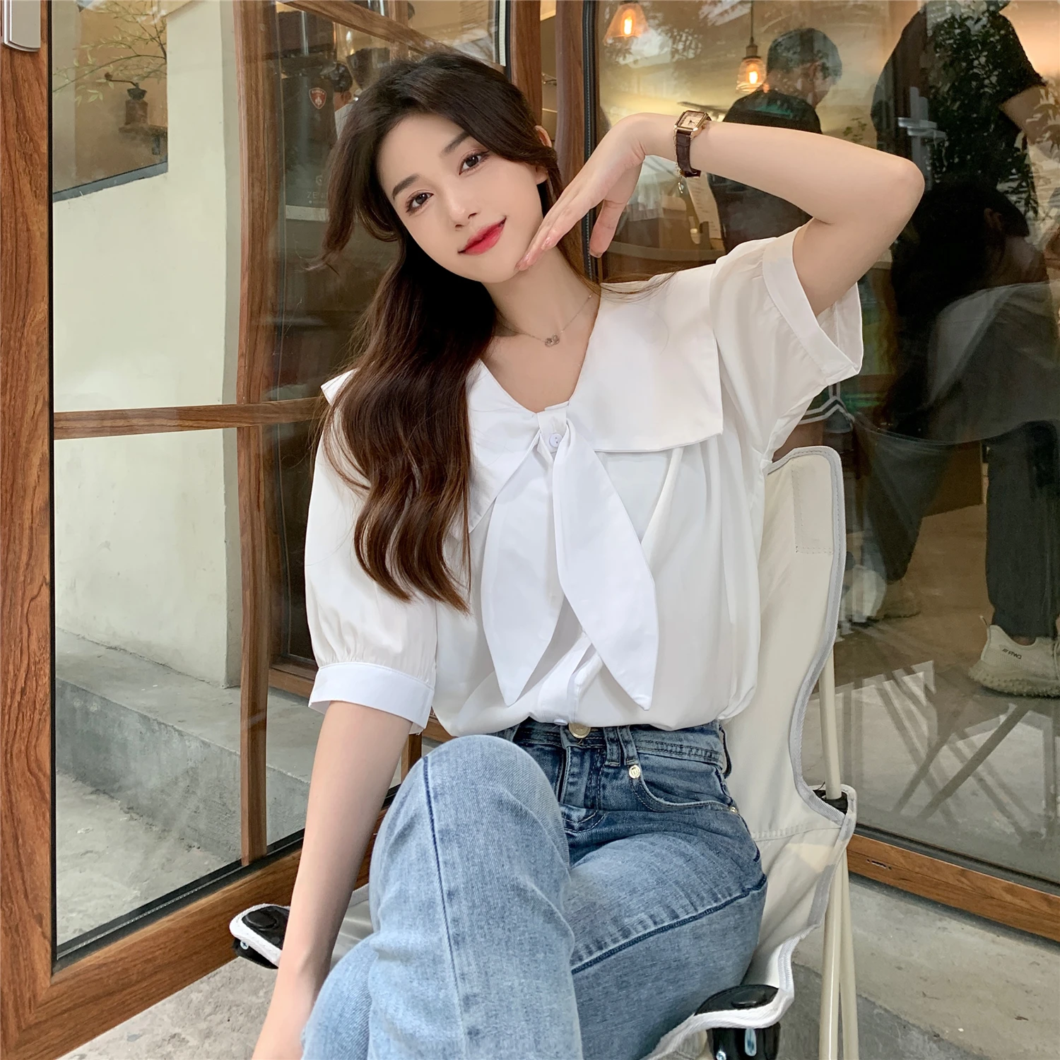 

Новинка! Модный корейский топ с утягивающим эффектом, коротким рукавом, воротником-стойкой и узлом, больших размеров, для женщин.