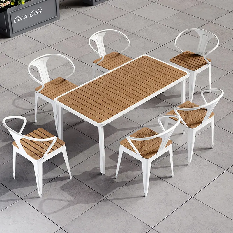 

Outdoor plastic wood table and chair courtyard outdoor leisure dining table garden milk tea shop open-air