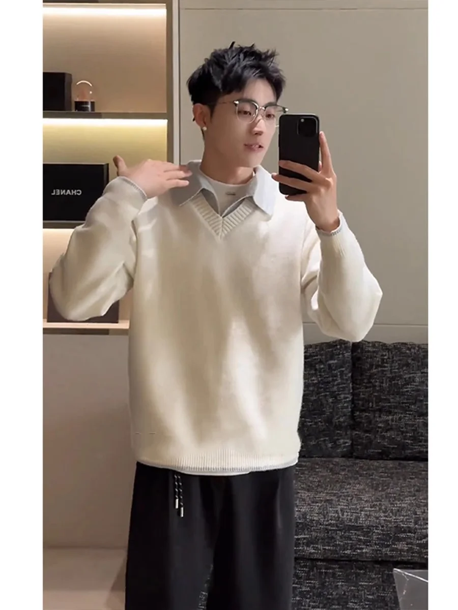 

Мужская трикотажная кофта с V-образным вырезом и подкладкой, осенне-зимняя, мягкая, удобная, свободного кроя, с длинным рукавом, повседневная верхняя одежда