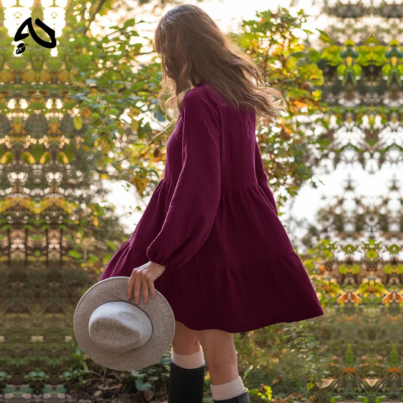 Original Muslin 100% Cotton Dress Retro Loose Lace-up Ruffles Long Sleeve Green Dresses Women Robe Elegant Party Dresses