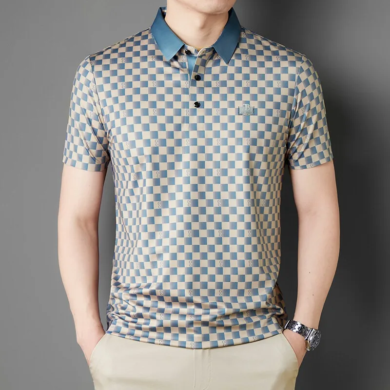 

Summer Color Blocked Checkerboard Pattern Polo Shirts Men's Business Slim Fit Casual Lapel Short Sleeve T-shirts Men Clothing