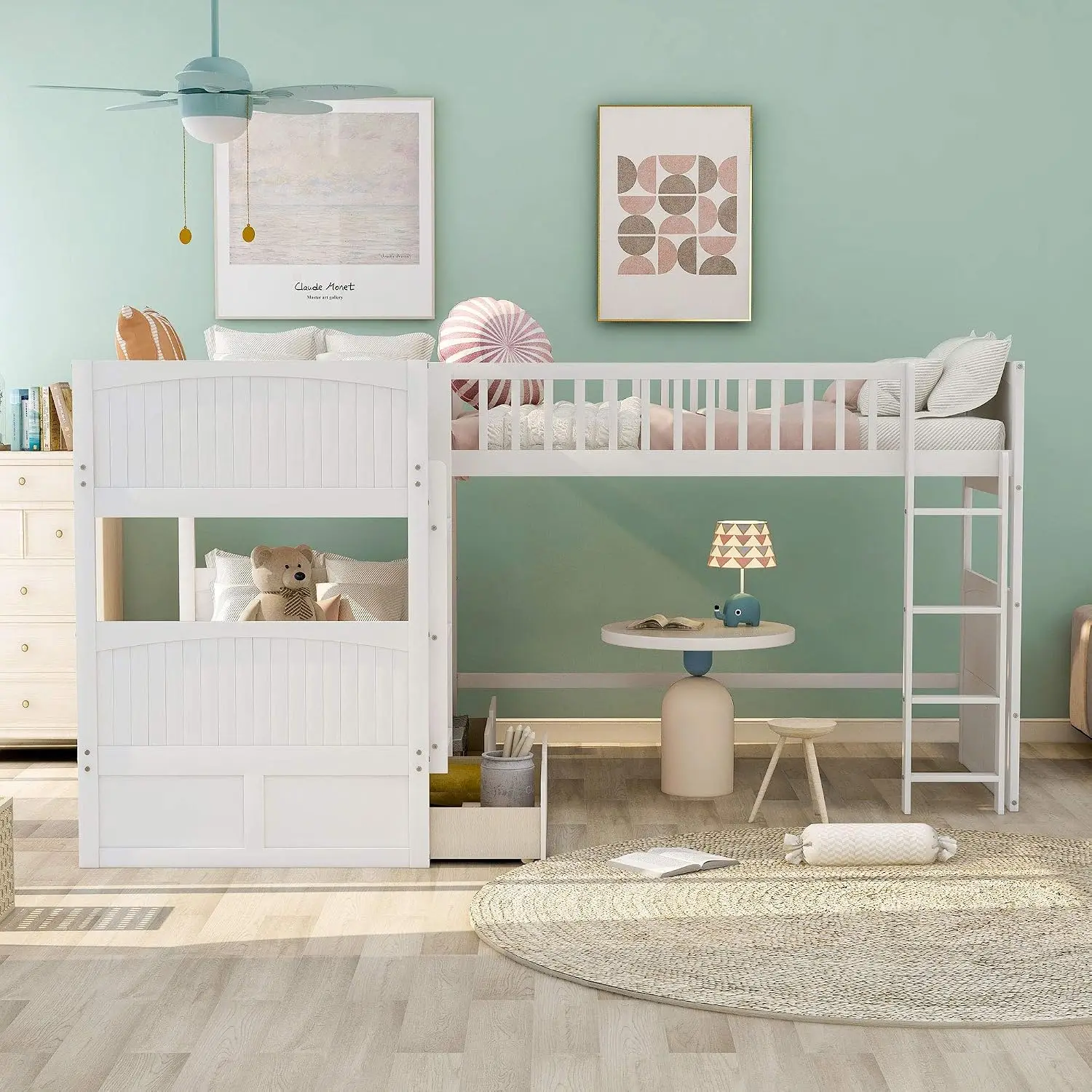 Triple Twin-Over-Twin-Over-Twin L-Shaped Bunk Bed with 2 Drawers & 2 Ladders No Box Spring Needed, Customized image 4