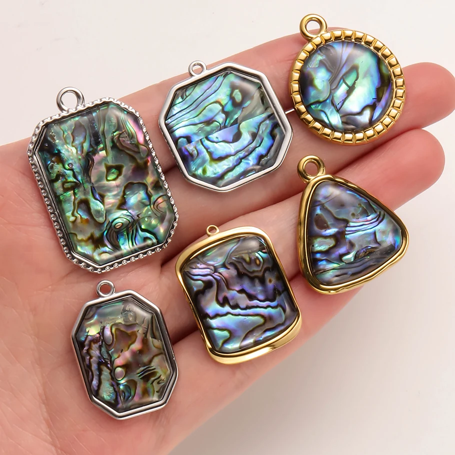 3 Stück PVD-Anhänger aus echtem Abalone-Muschel-Edelstahl, rechteckig, rund, dreieckig, für die Schmuckherstellung, Halskette, Schlüsselanhänger – Detail 1