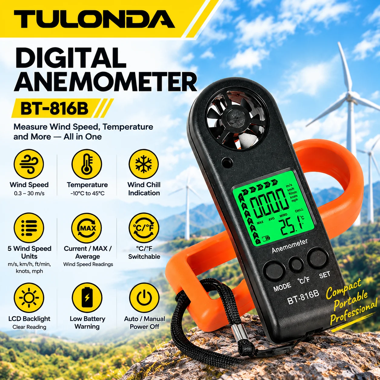 Mini Pocket Anemometer 816B, Wind Speed Meter 0-30m/s Current/Average/Max with Temp Backlit LCD for Drone Shooting Outdoor
