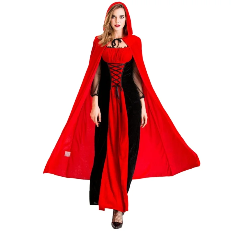 Conjunto de vestido vermelho e preto de Halloween, Carnaval com capuz, Chapeuzinho Vermelho, Role Playing, Traje de palco medieval para adulto