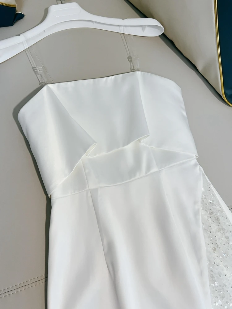 Sexy blanco Me vestido dividido con cuentas francés Sle cintura alta Svel envoltura asimétrica diseño en el pecho A-Line Dr para primavera S...