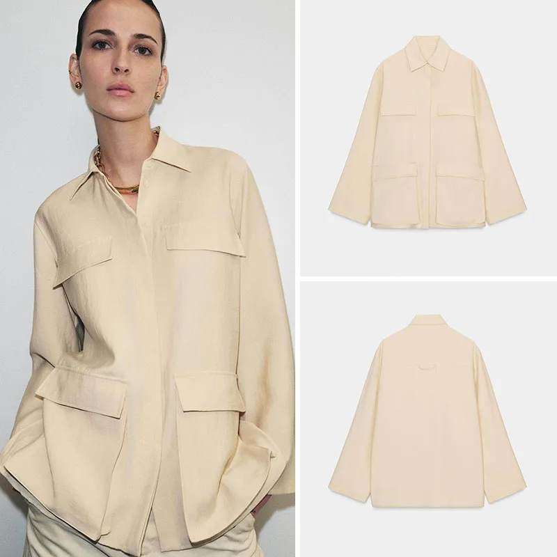 

Spring New Arrival Women's irt Simple Long Sve Collared ket Versatile Drapey ZA2026 8-25 Years Old 2026 Spring