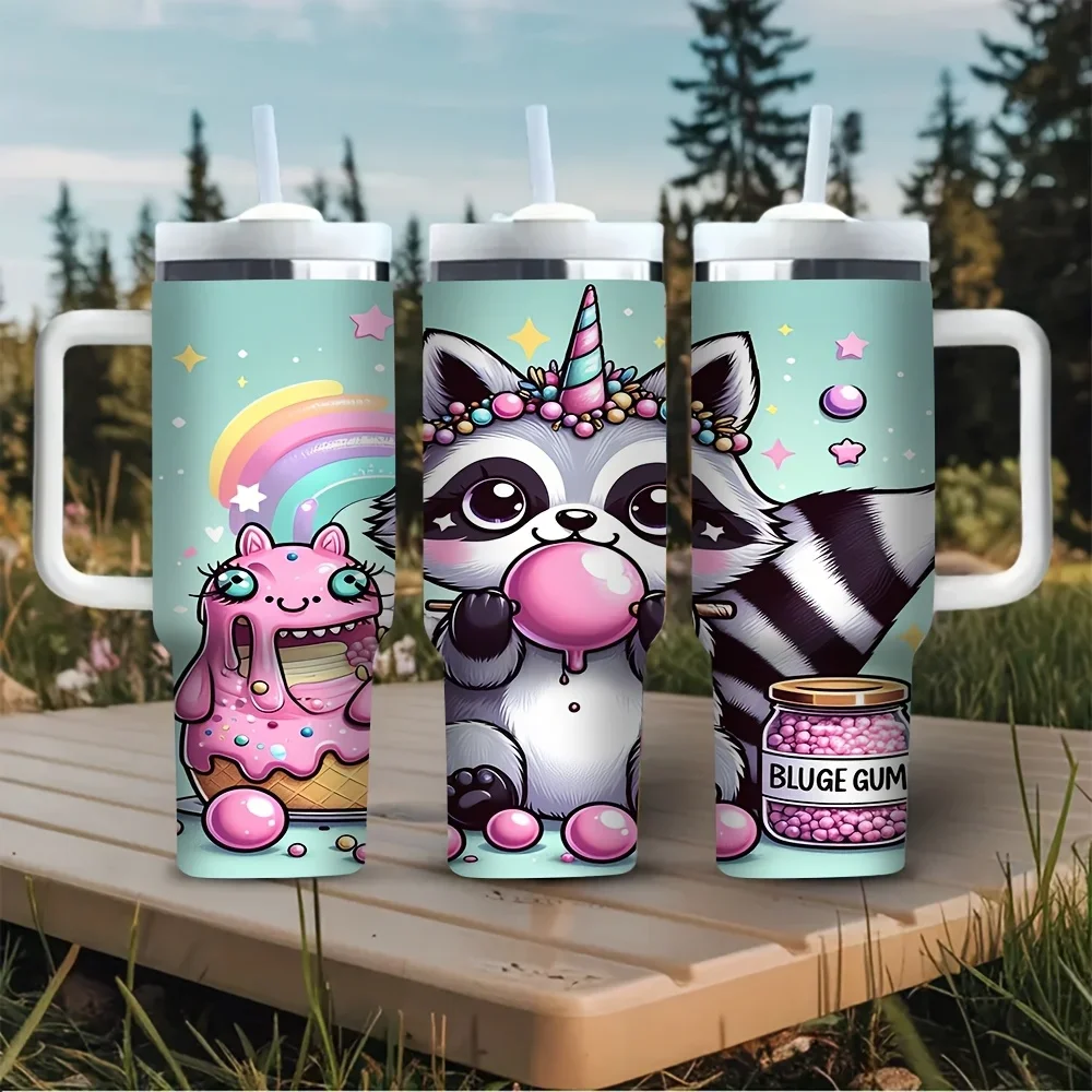 Cute Cartoon Raccoon Bubble Gum Rainbow Print 40oz Tumbler with Handle, Fits Both Hot and Cold Drinks, Suitable for All Ages, Perfect for Daily Use, Outdoor Trips and Indoor Daily Scenes All Year Round.